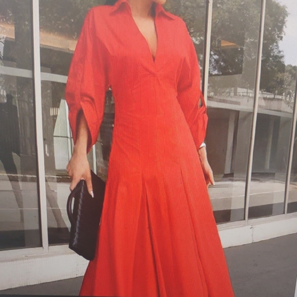 A-Line High Waisted Pleated Solid Color V-Neck Maxi Dresses Shirt Dress -  XL